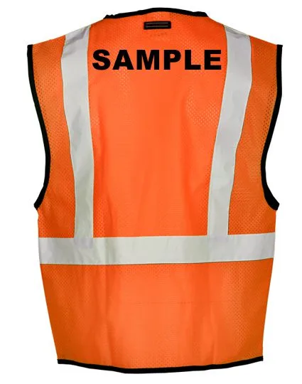 Orange, Class 2, One (1) Pocket, Zipper, Mesh Vest, Small-Medium w/Custom Black Lettering