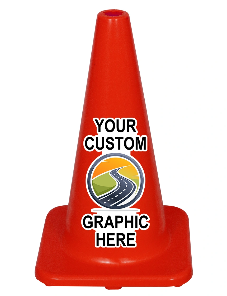 Solid Orange 18\" Economy Traffic Cone w/ Full Color Graphic on Both Sides