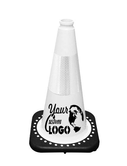 White 18 inch JBC Black Base Traffic Cone with 6\" Reflective Collar with Single Color Graphic