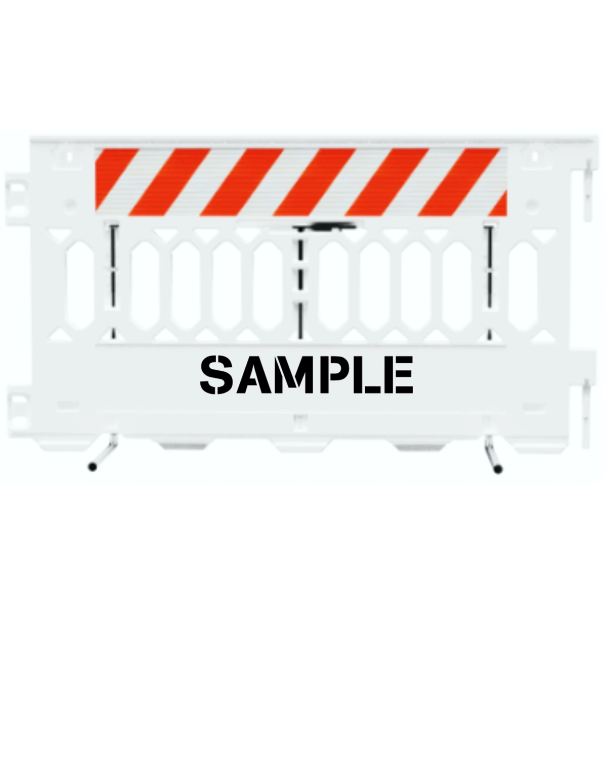 72 inch long ada pathcade barricades white one piece of eg sheeting on one side  custom lettering on both sides