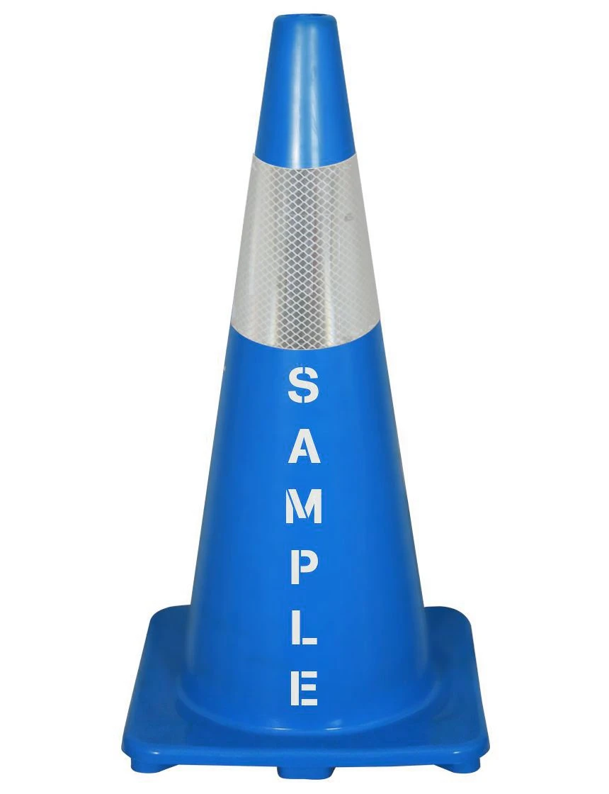 Solid Blue, 28\", 5 lbs, Economy Cone with 6\" Reflective Collar and Double Sided Custom Lettering
