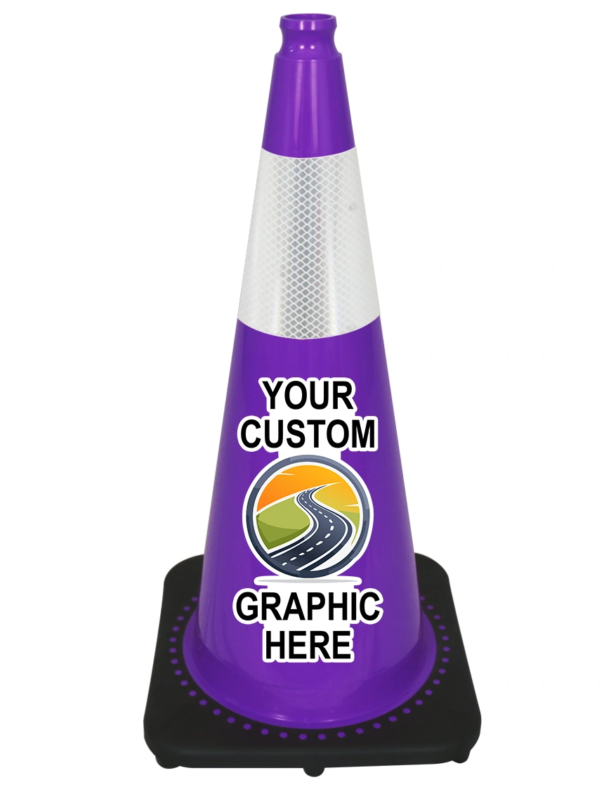 Purple 28\" 7 lbs JBC Black Base Traffic Cone w/ 6\" Reflective Collar w/ Full Color Graphic