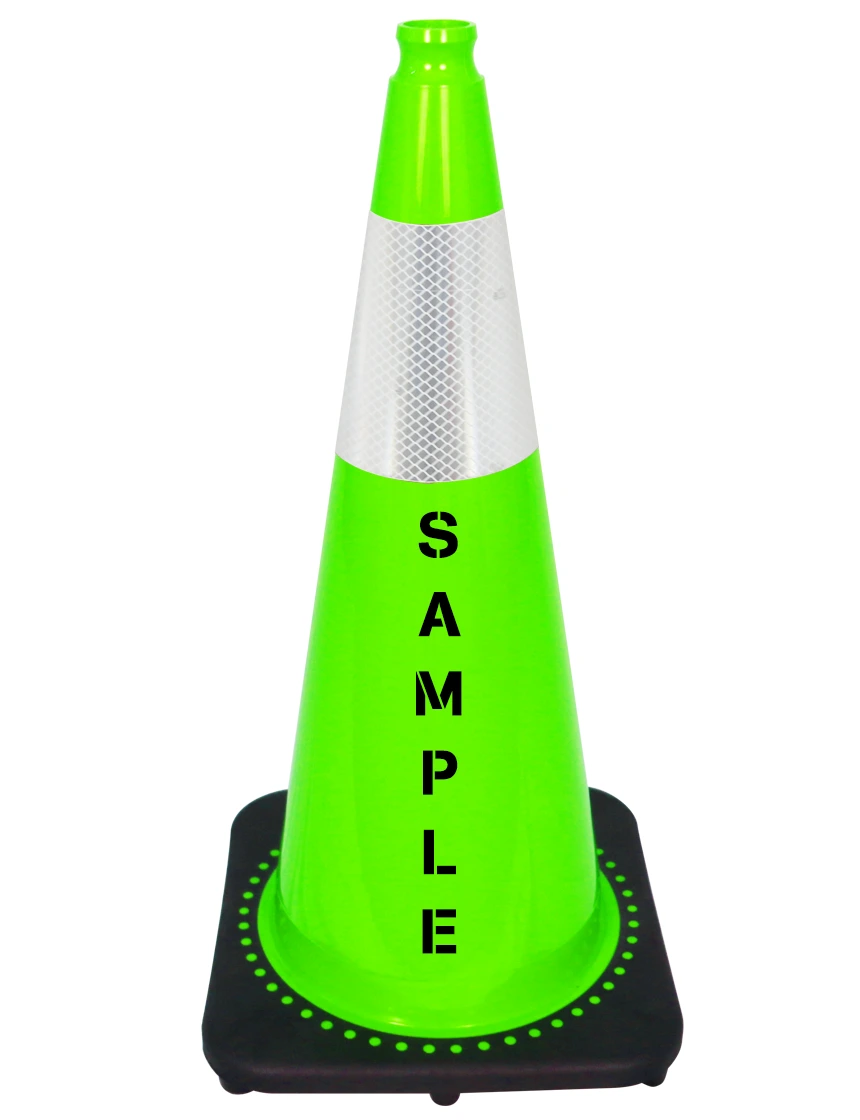 Lime 28 inch 7 lbs JBC Black Base Traffic Cone Single 6\" Reflective Collar and Double Sided Lettering