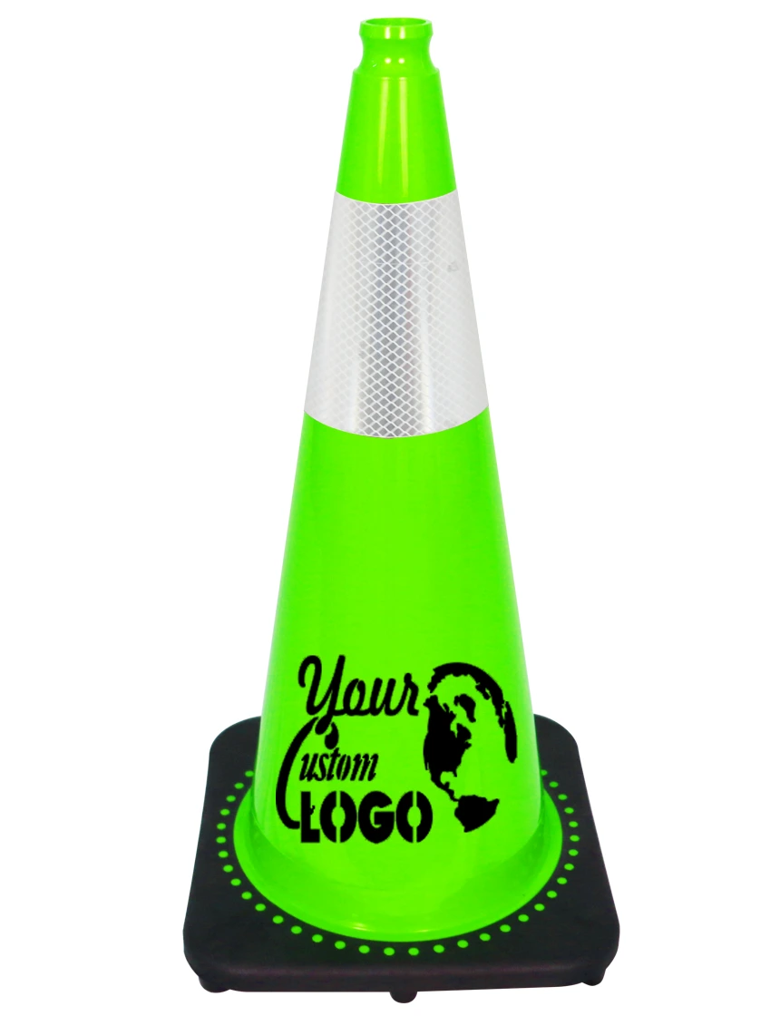 Lime 28 inch 7 lbs JBC Black Base Traffic Cone with 6\" Reflective Collar with Single Color Graphic