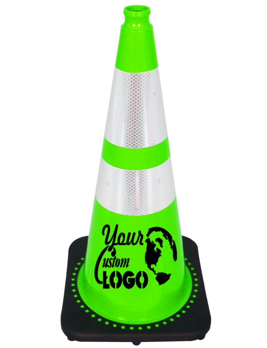 Lime 28 inch 7 lbs JBC Black Base Traffic Cone with 6\" \u0026 4\" Reflective Collars with Single Color Graphic