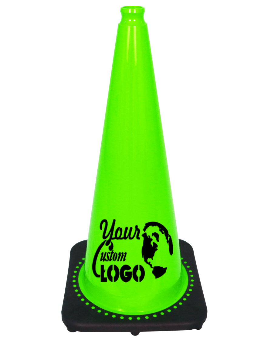 Lime 28 inch 7 lbs JBC Black Base Traffic Cone with Single Color Graphic