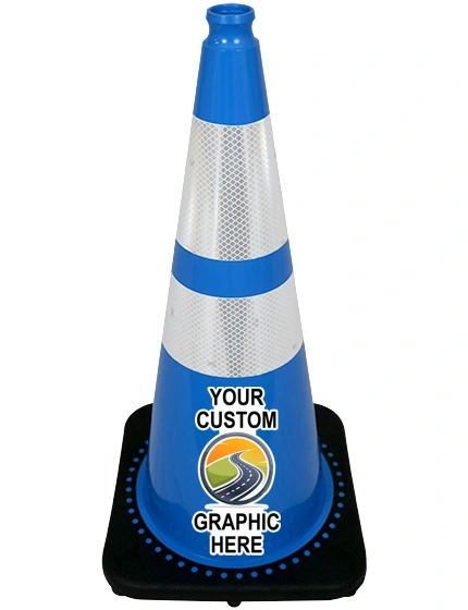 28 inch Light Blue Traffic Cone w/6\" \u0026 4\" Reflective Collars with Full Color Graphic