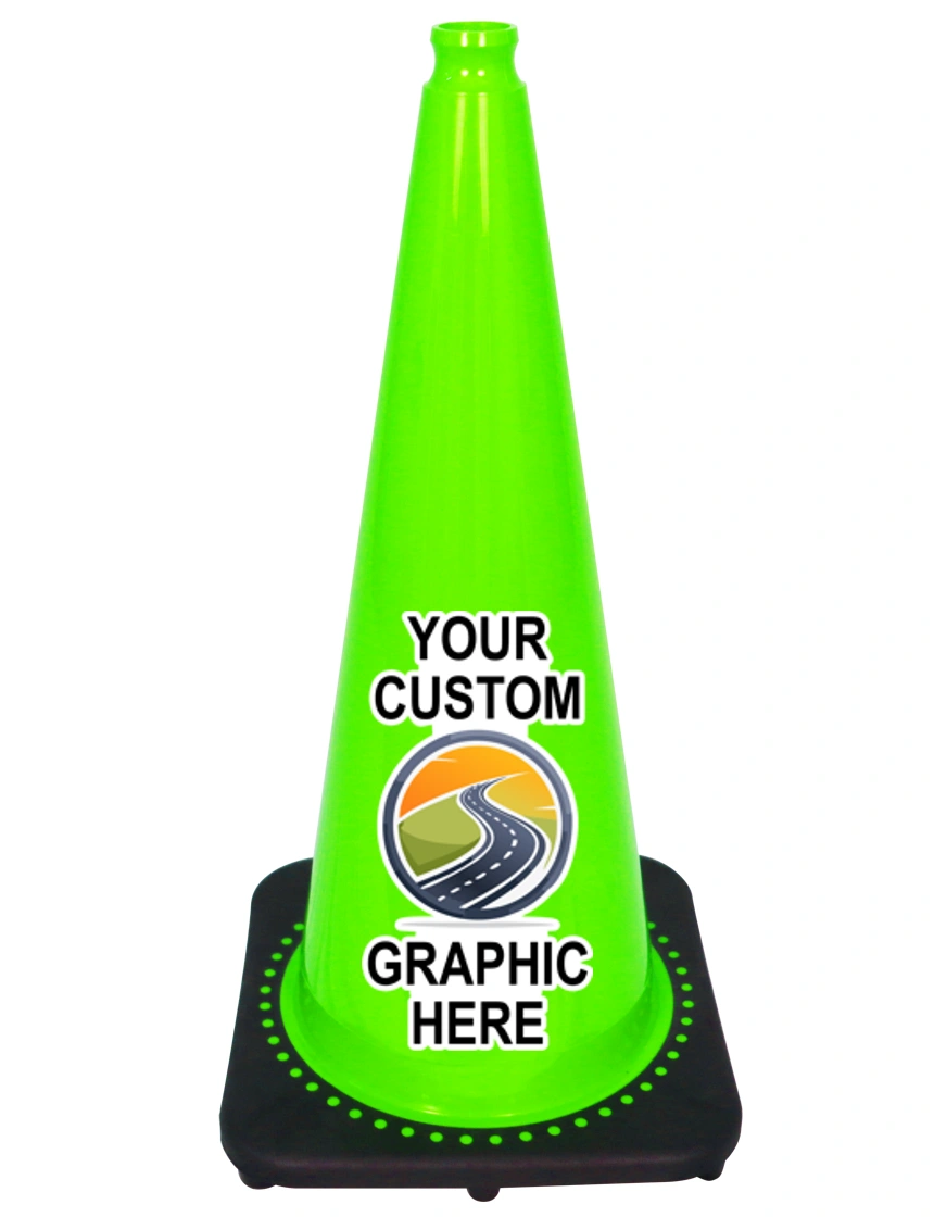 Lime 28 inch 7 lbs JBC Black Base Traffic Cone with Full Color Graphic