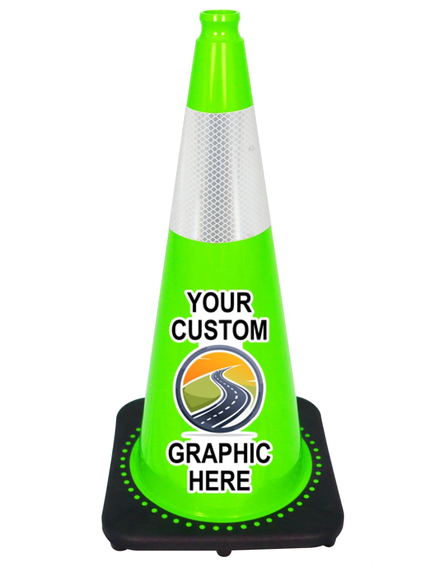 Lime 28 inch 7 lbs JBC Black Base Traffic Cone with 6\" Reflective Collar with Full Color Graphic
