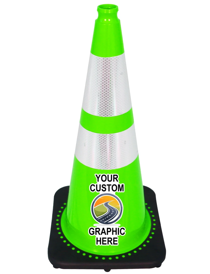 Lime 28 inch 7 lbs JBC Black Base Traffic Cone with 6\" \u0026 4\" Reflective Collars with Full Color Graphic