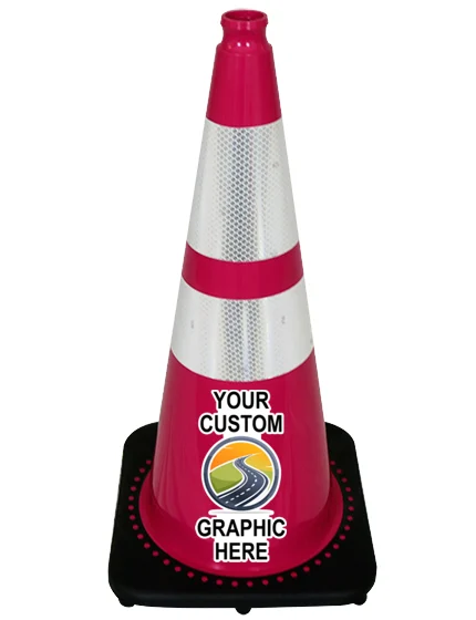 28 inch Pink Traffic Cone w/6\" \u0026 4\" Reflective Collars with Full Color Graphic