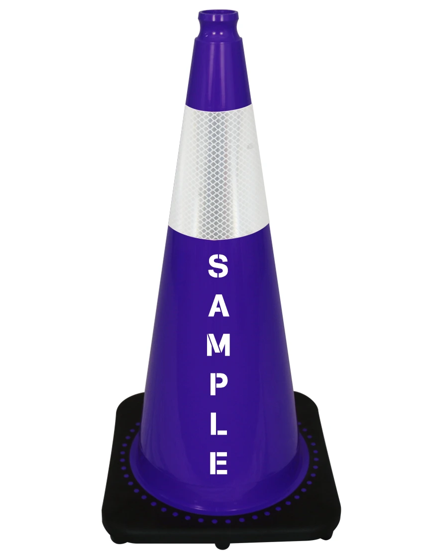 Purple 28\" 7 lbs JBC Black Base Traffic Cone Single 6\" Reflective Collar and Double Sided Lettering