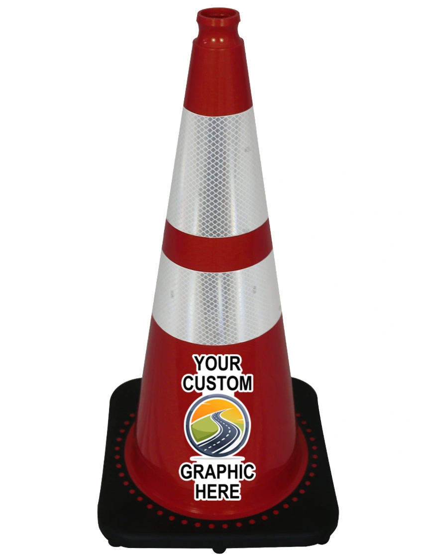 Red 28 inch JBC Traffic Cone with 6\" \u0026 4\" Reflective Collars with Full Color Graphic