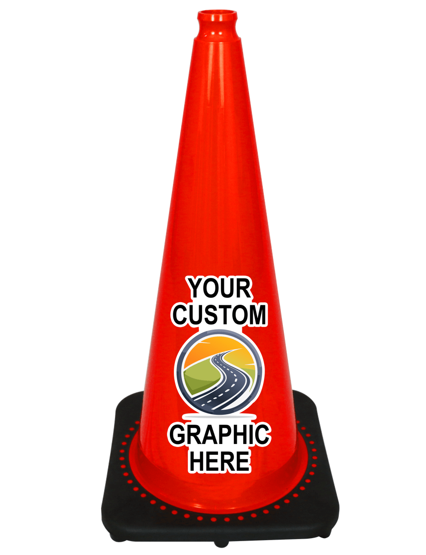 Orange 28 inch 10 lbs JBC Black Base Traffic Cone with Full Color Graphic