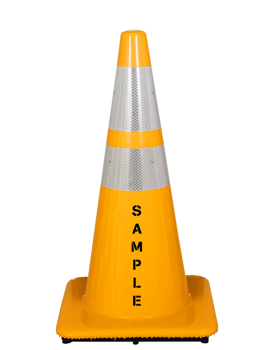 Yellow 28\" Traffic Cone w/6\" \u0026 4\" Reflective Collars \u0026Double Sided Custom Lettering
