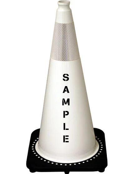 White 28 inch 7 lbs JBC Black Base Traffic Cone with Single 6\" Reflective Collar and Custom Lettering