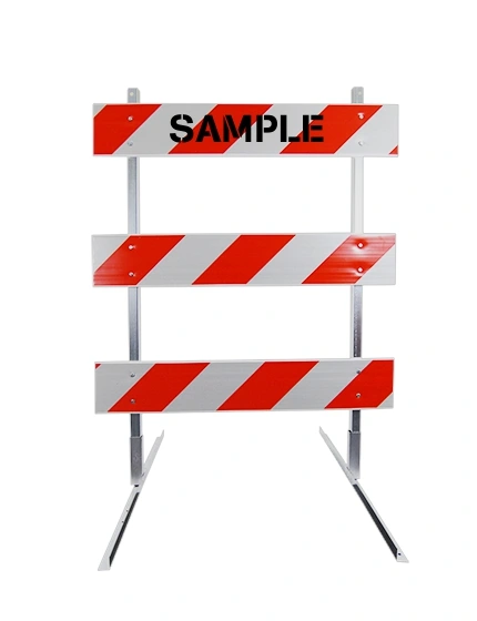 4\u0027 Standard Type 3 Barricade-63\" Tall Steel Frame, 4\u0027 Plastic Boards, HI Sheeting \u0026 Custom Lettering