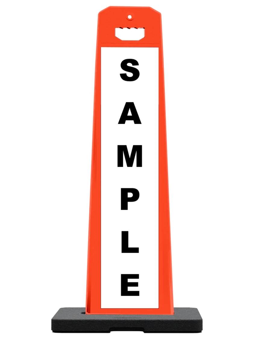 Orange, 45\" Tall, Reflective, Vertical Panel Barricade w/ Custom Lettering On One (1) Side w/ 20 lbs Rubber Base