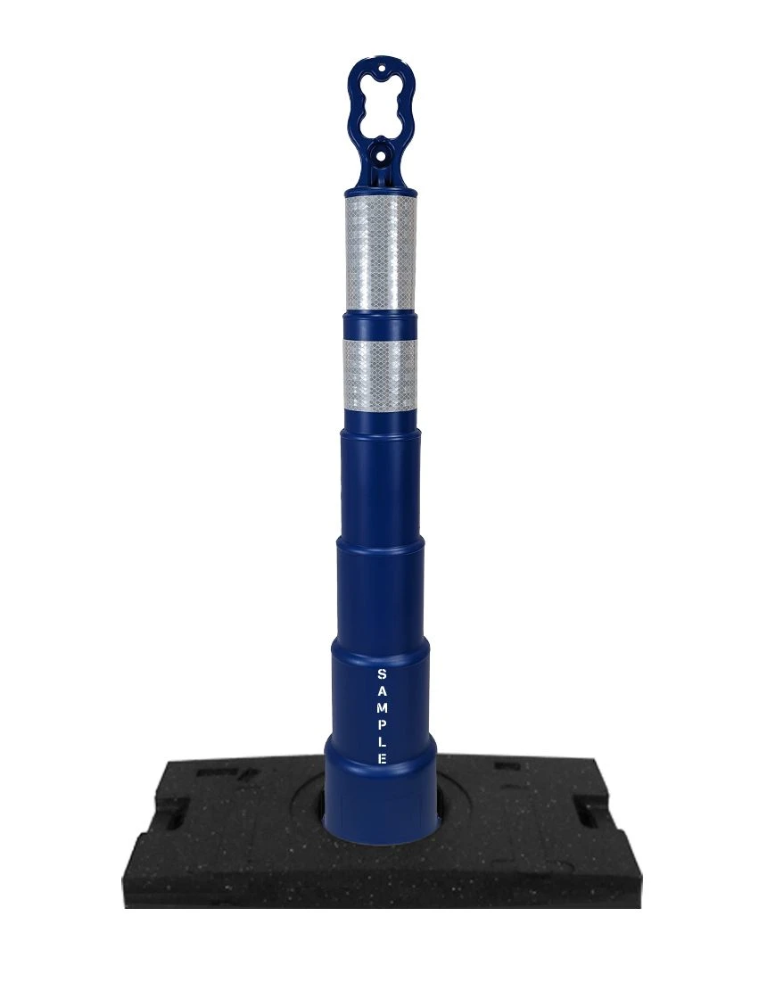 42 inch blue EZ-Grab channelizer orange 30 lb base with 6 inch and 4 inch reflective collars and 2X custom lettering