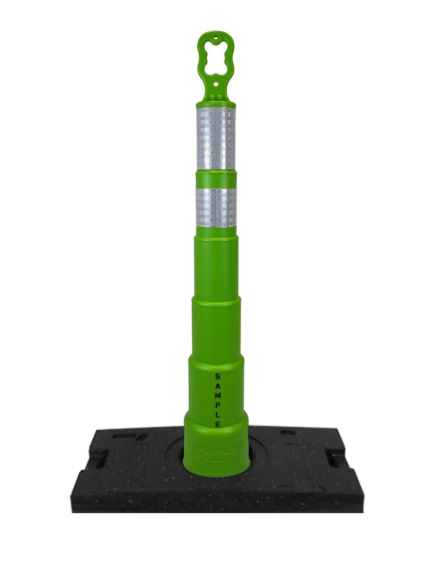 42 inch lime green EZ-Grab channelizer orange 30 lb base with 6 inch and 4 inch reflective collars and 2X custom lettering