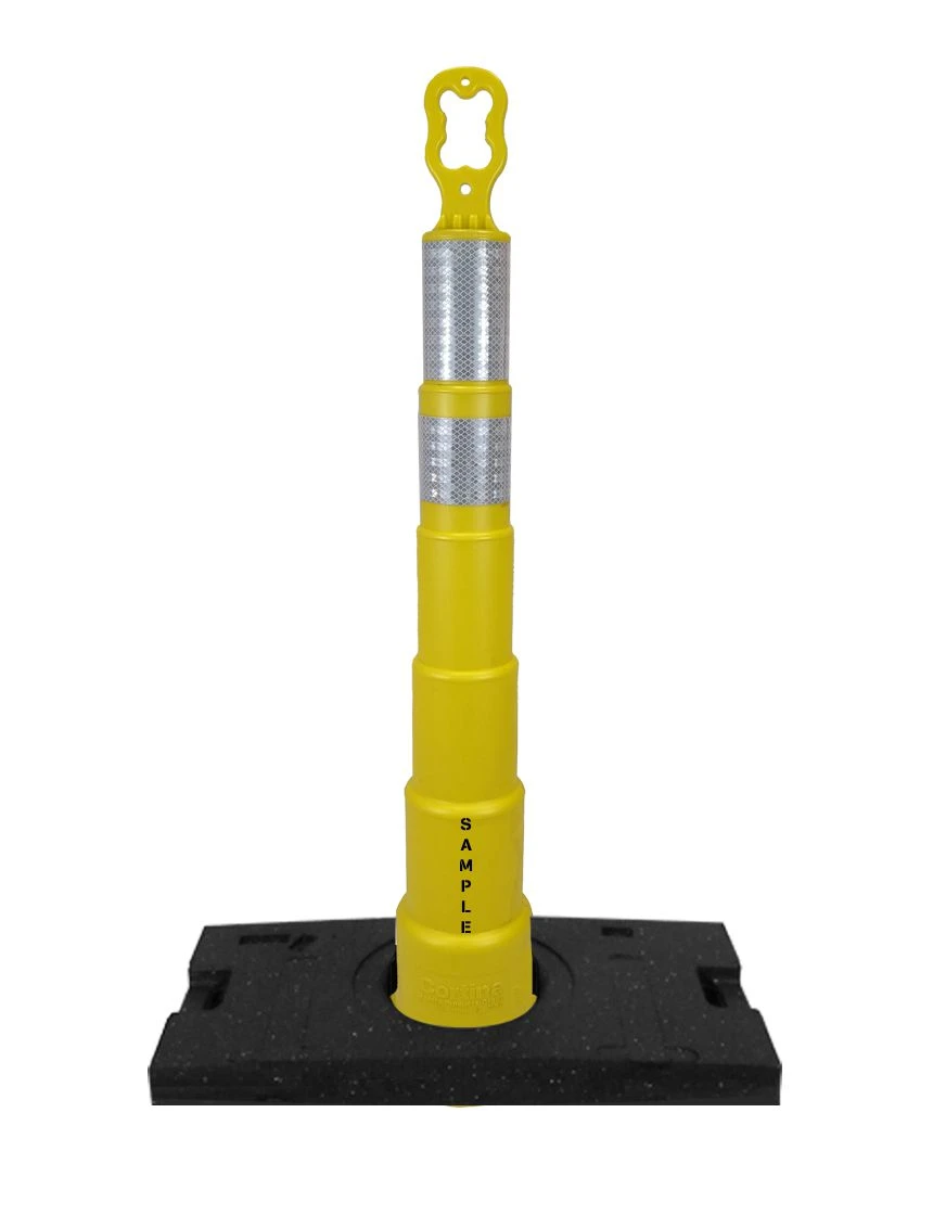42 inch yellow EZ-Grab channelizer orange 30 lb base with 6\" \u0026 4\" reflective collars and custom lettering