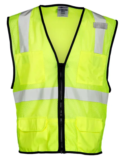 Super Economy Lime Mesh, Class 2 Vest w/ 6 Pockets \u0026 Zipper Front Closure, S-M w/ Full Color Graphic