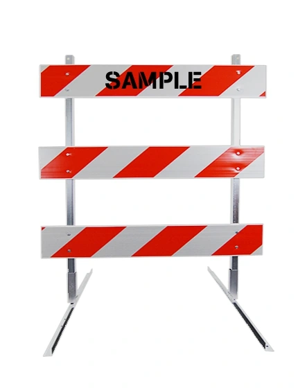8\u0027 Standard Type 3 Barricade-63\" Tall Steel Frame, 8\u0027 Plastic Boards, HI Sheeting \u0026 Custom Lettering