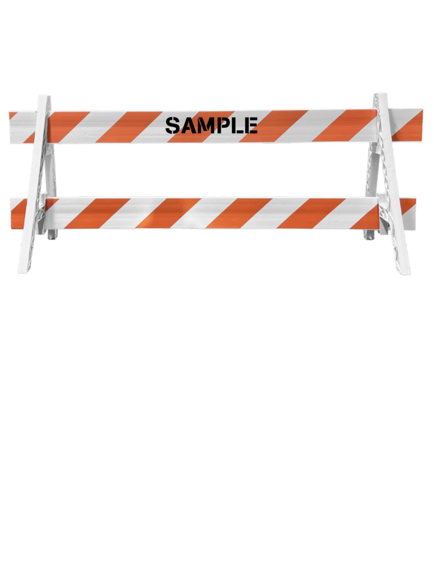 Two (2) Cortina Economy A-Cade Legs \u0026 Two (2) 8\u0027 x 1\" Rails w/Orange \u0026 White EG Reflective Sheeting on Both (2) Sides \u0026 Custom Lettering on Both (2) Sides of one Rail