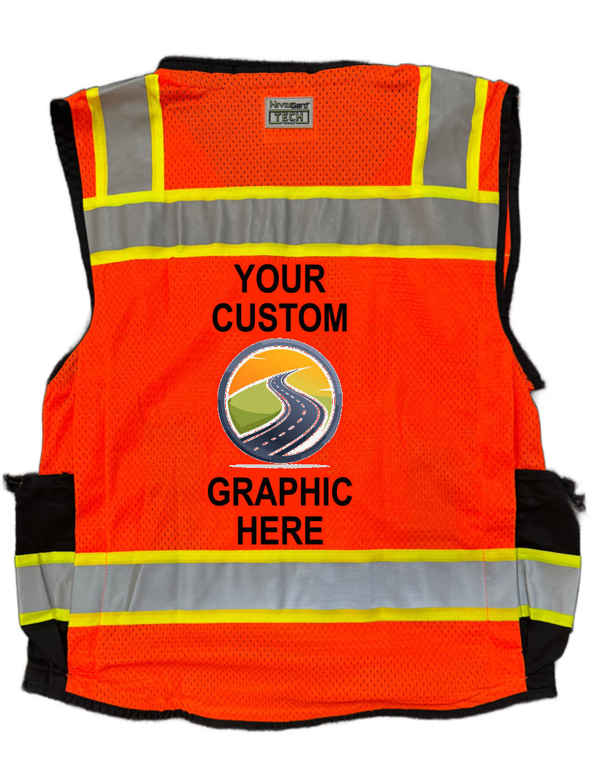 Liberty Hivizgard Tech Series Two Tone, Black Bottom Class 2 Surveyor Vest, Orange, Xl w/ Full Color Custom Graphic