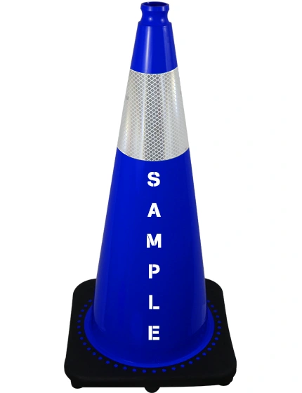 Blue 28 inch 7 lbs JBC Black Base Traffic Cone Single 6\" Reflective Collar and Double Sided Lettering