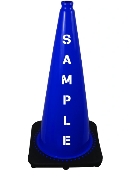 Blue 28 inch 7 lbs JBC Black Base Traffic Cone with Custom Lettering