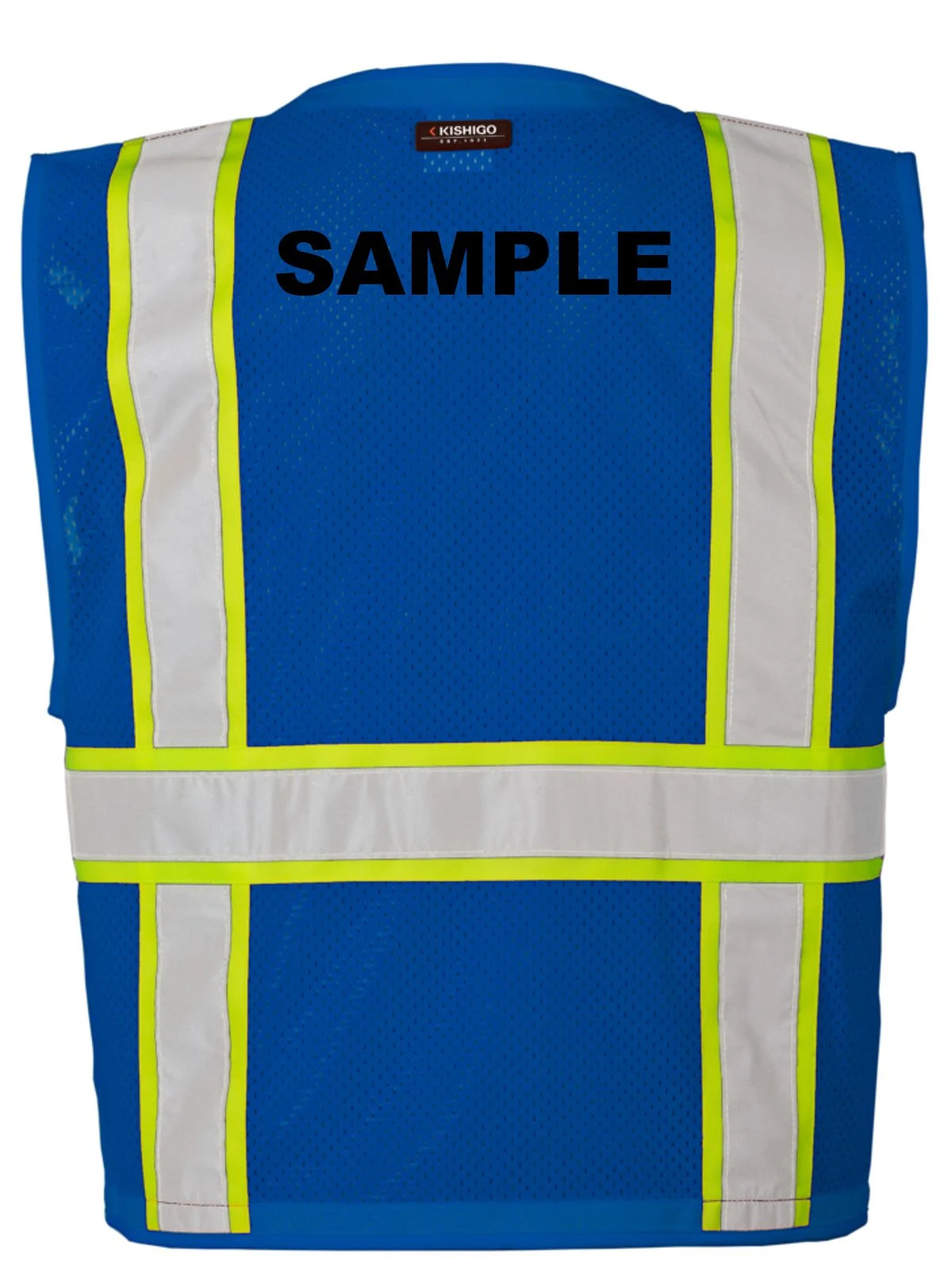 Blue/Lime, Enhanced Visibility Multi Pocket Mesh Vest, S-M w/ Custom Black Lettering