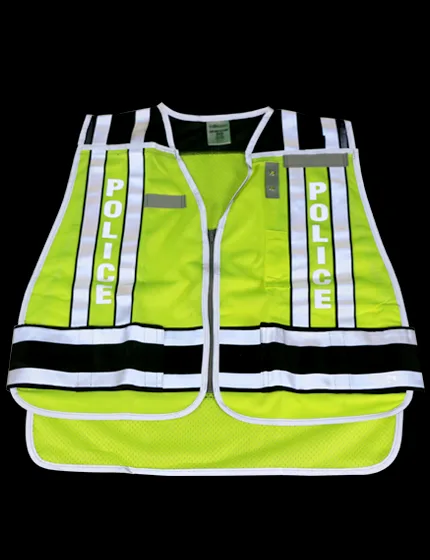 Lime \u0026 Black, 4-Point\"Breakaway\" Public Safety Vest w/Police In Reflective Letters, M-Xl w/ Single Color Graphic