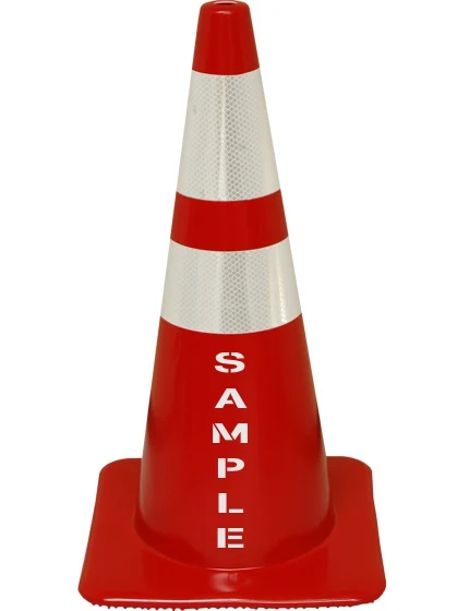 Red 28\" Flow Molded Traffic Cone w/6\" \u0026 4\" Reflective Collars \u0026Double Sided (2X) Custom Stencil