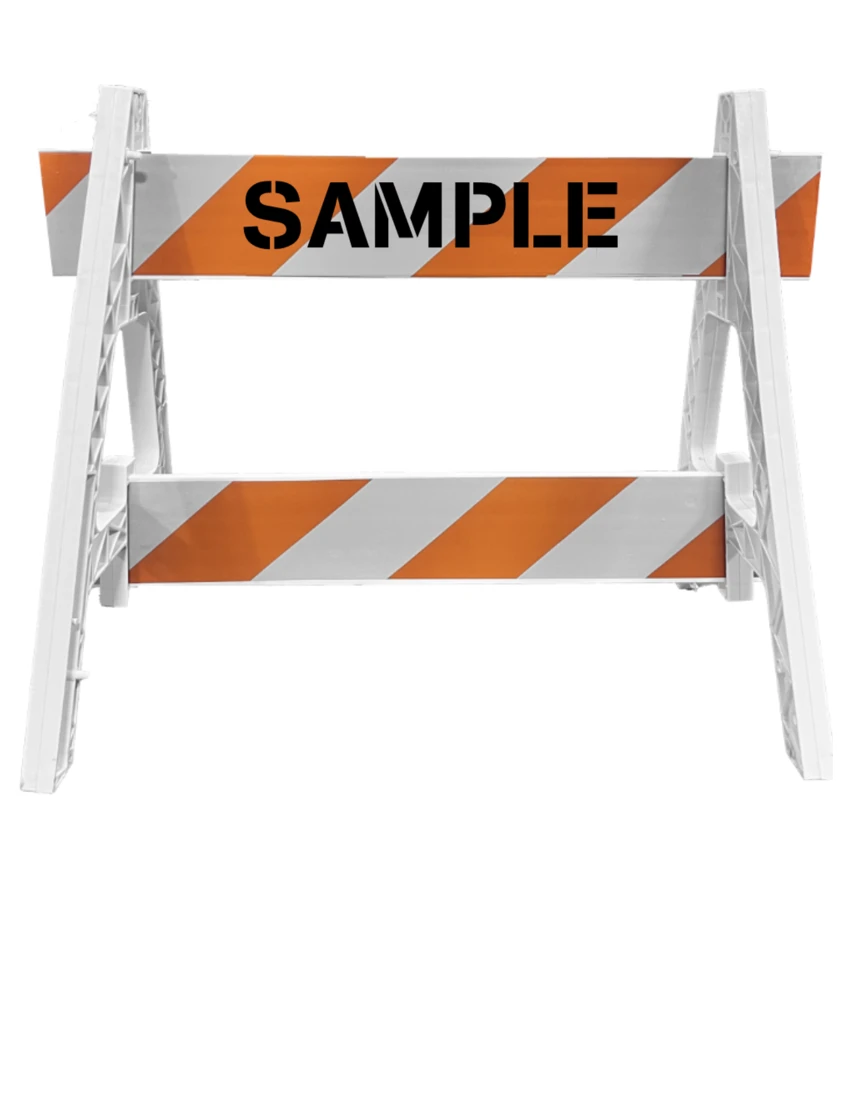 Two (2) Cortina Economy A-Cade Legs \u0026 Two (2) 4\u0027 X 1\" Rails w/Orange \u0026 White EG Reflective Sheeting On Both (2) Sides \u0026 Custom Lettering On Both (2) Sides Of One Rail