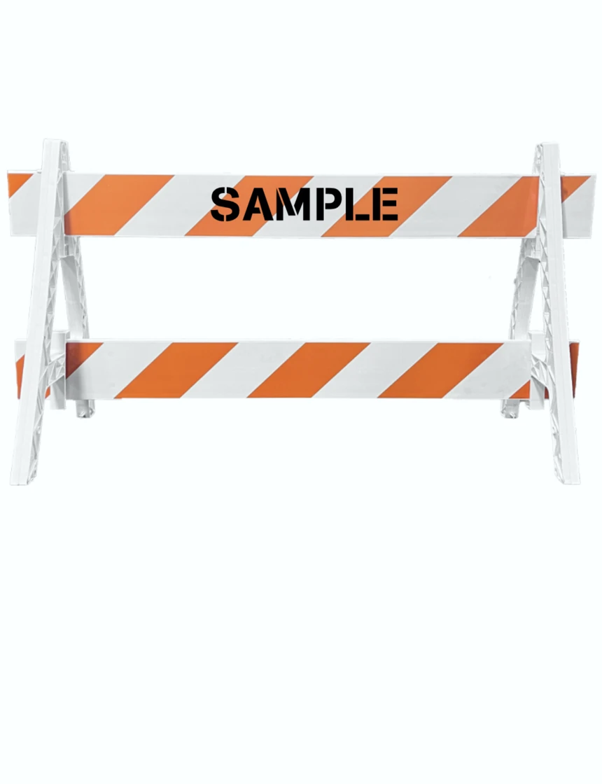 Two (2) Cortina Economy A-Cade Legs \u0026 Two (2) 6\u0027 X 1\" Rails w/Orange \u0026 White HI Reflective Sheeting On One (1) 1 Side \u0026 Custom Lettering On One (1) Side Of The Rail