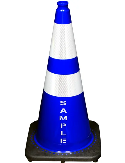 Blue 28\" 7.0 Lb. Black Base Cone, 6\" \u0026 4\" Reflective Collars and Double Sided (2X) Custom Stencil