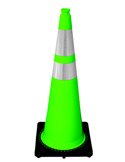 36\" 10 lbs Lime Black Base Traffic Cone with 6\" \u0026 4\" Reflective Collars