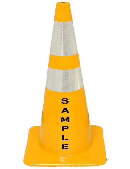 Yellow 28\" Flow Molded Traffic Cone w/6\" \u0026 4\" Reflective Collars \u0026Double Sided (2X) Custom Stencil
