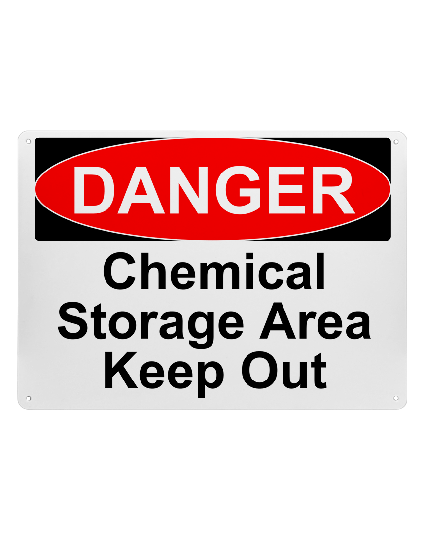 14\" tall x 10\" wide plastic sign with mounting holes, Danger Chemical Storage Area Keep Out