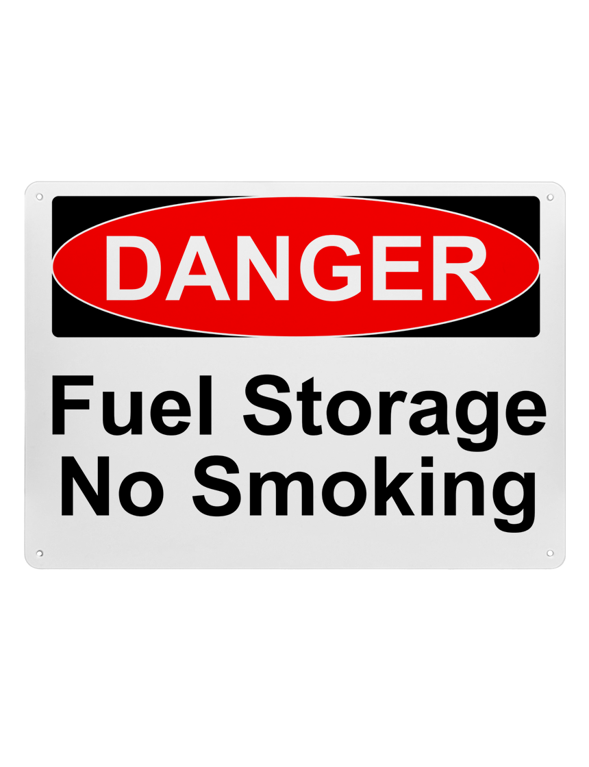 14\" tall x 10\" wide plastic sign with mounting holes, Danger Fuel Storage No Smoking
