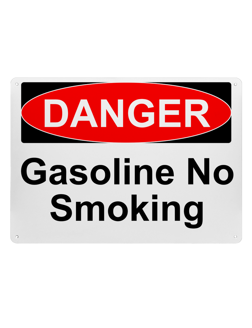 14\" tall x 10\" wide plastic sign with mounting holes, Danger Gasoline No Smoking