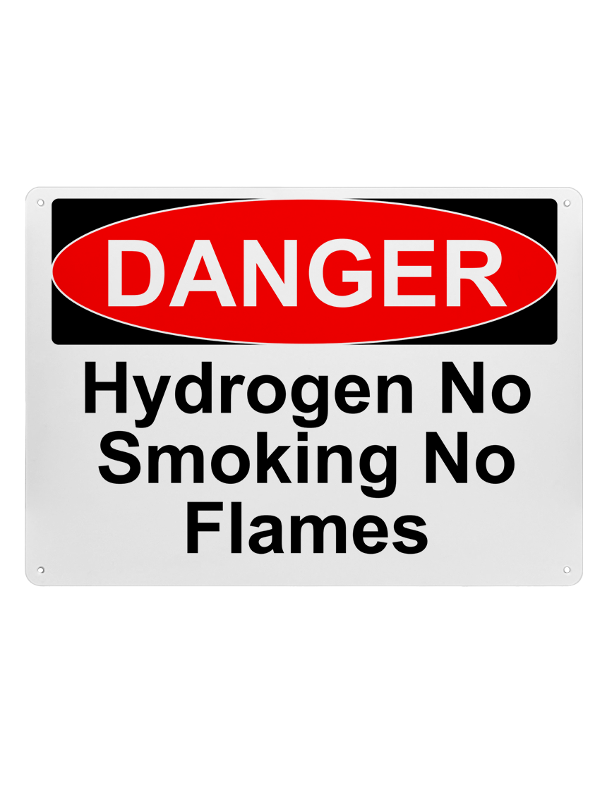 14\" tall x 10\" wide plastic sign with mounting holes, Danger Hydrogen No Smoking No Flames