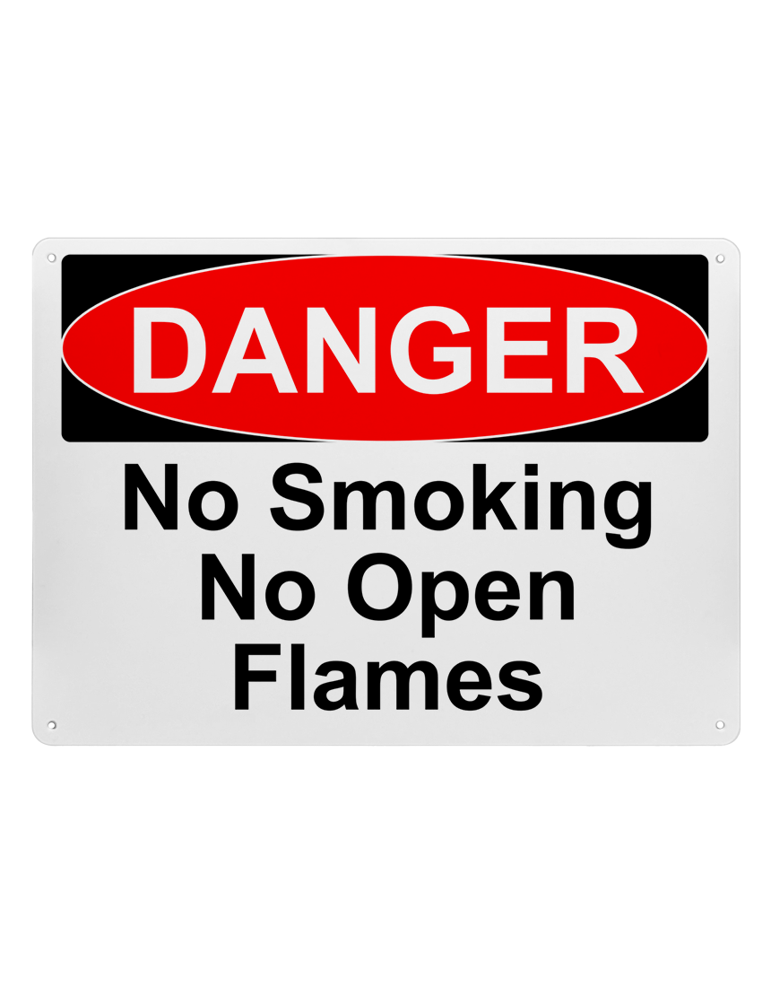 14\" tall x 10\" wide plastic sign with mounting holes, Danger No Smoking No Open Flames