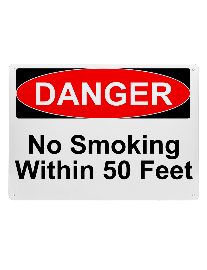 14\" tall x 10\" wide plastic sign with mounting holes, Danger No Smoking Within 50 Feet