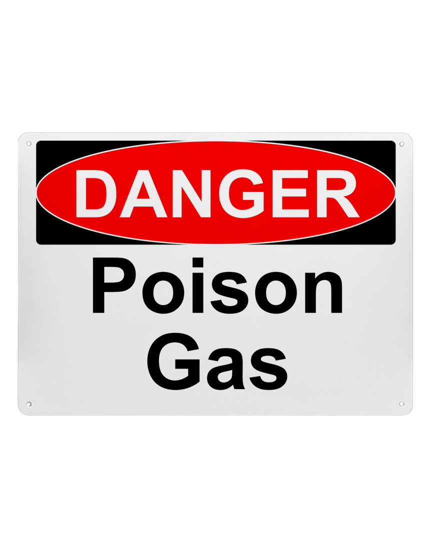 14\" tall x 10\" wide plastic sign with mounting holes, Danger Poison Gas