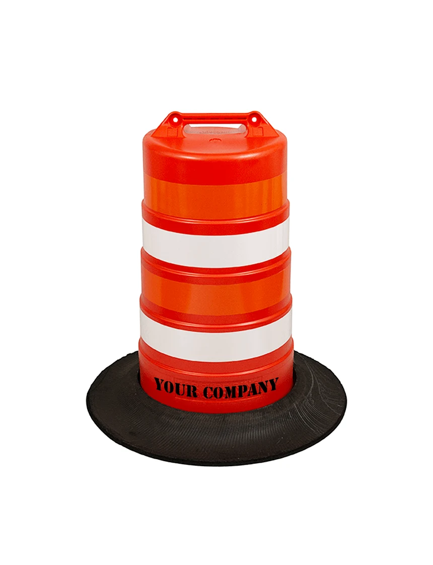 37\" Tall Channelizer Drum w/Four 4\" EG Ref Stripes,Recycled Tire Base \u0026 Double Sided Custom Stencil