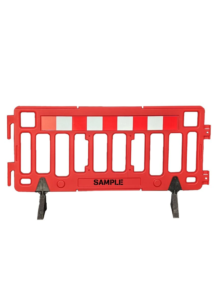 76\" Red Economy Interlocking Pedestrian Fence with Custom Lettering
