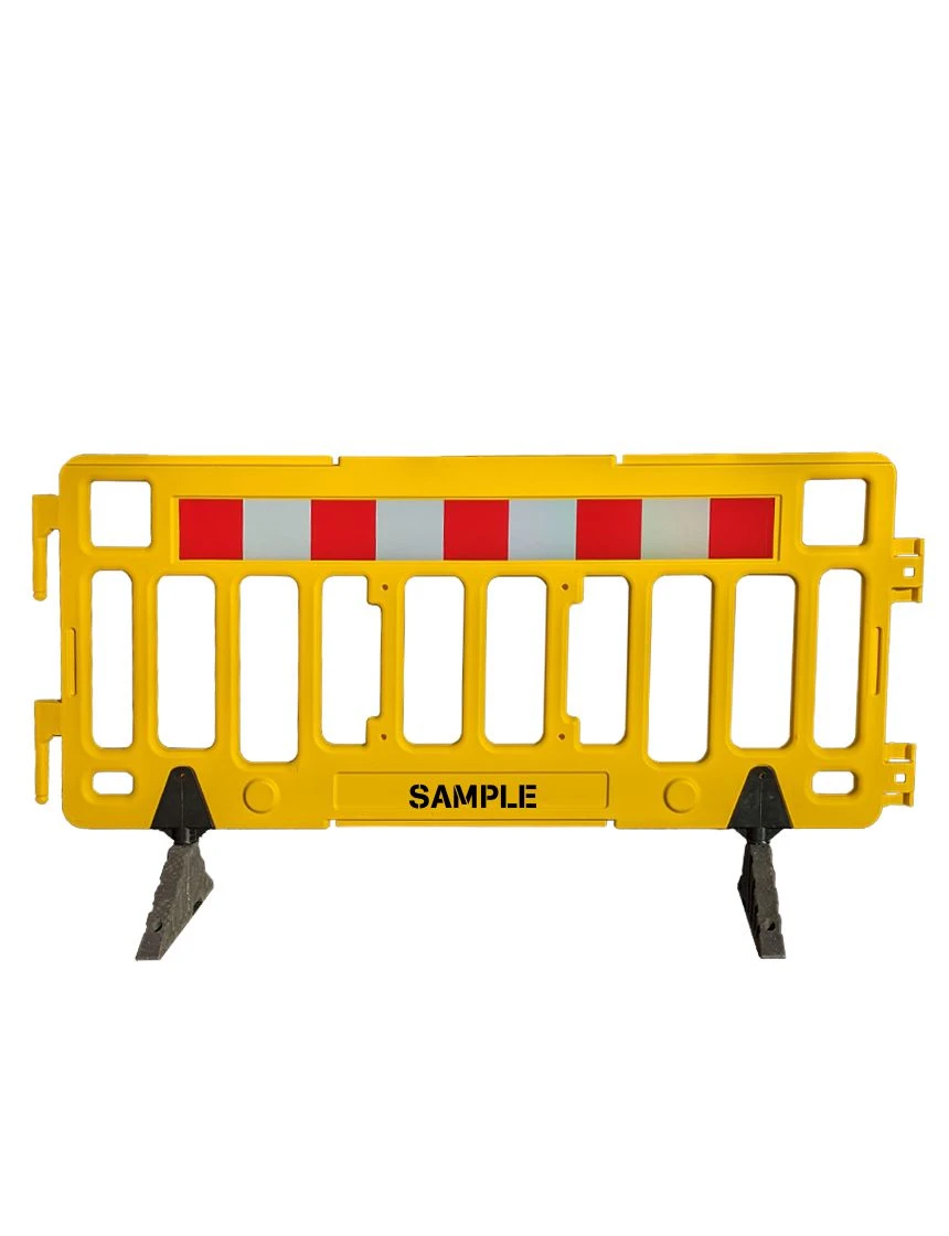 76\" Yellow Economy Interlocking Pedestrian Fence w/ Custom Lettering