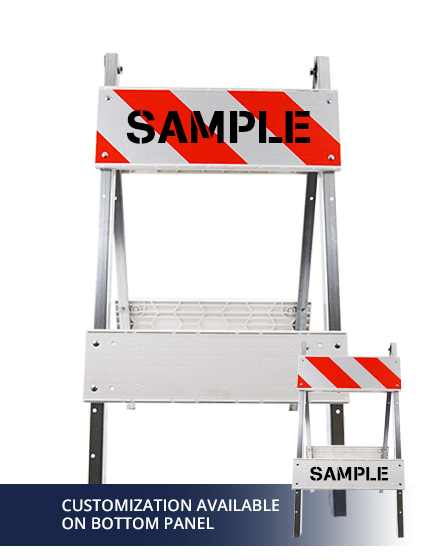 Economy+ Type 1 Barricade with Steel Legs, Plastic Panels, EG Reflective \u0026 Double Side Custom Lettering